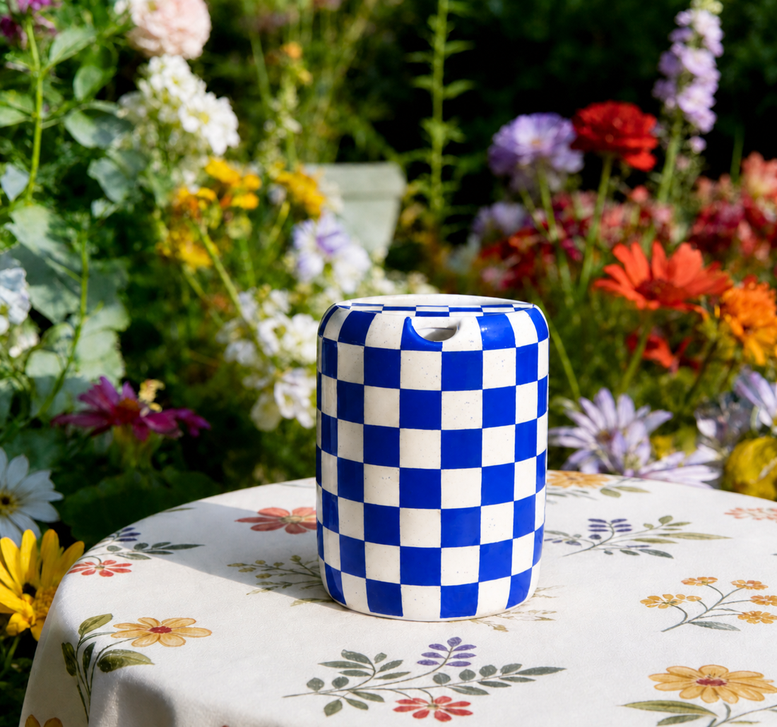 Blue Checkered Ceramic Travel Mug with Spout – Handmade Coffee Tumbler, Leak-Free Sip Cup, Aesthetic Gift for Her