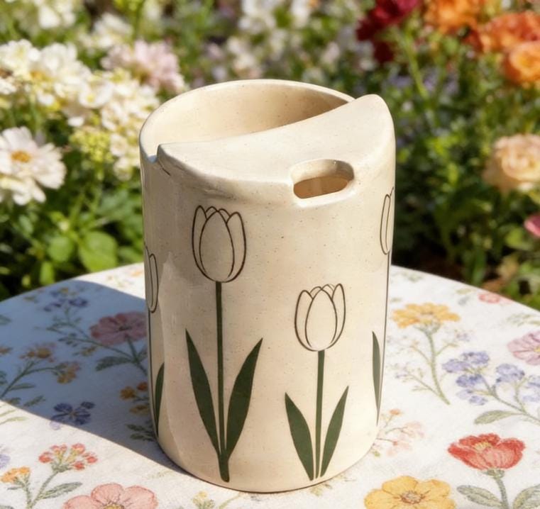 Minimalist Tulip Ceramic Travel Mug – Handmade Floral Coffee Tumbler, Aesthetic Sip Cup, Unique Gift