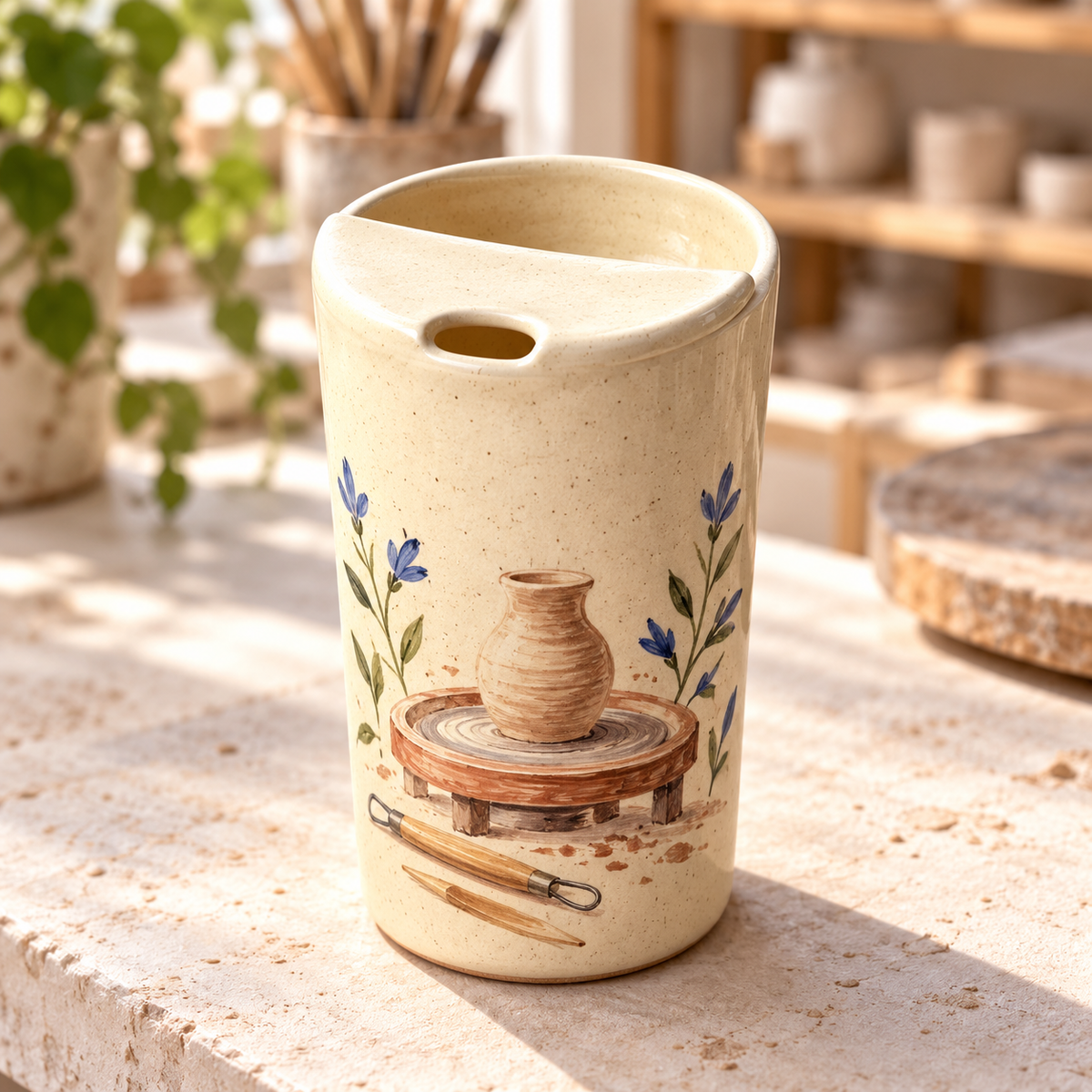 Digital concept of a speckled ceramic travel mug with a potter’s wheel, clay vase and wooden tools in a pottery studio.