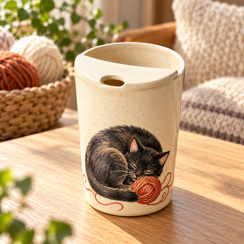 Digital concept of a speckled ceramic travel mug with a sleeping black cat and rust-colored yarn on a wooden table.
