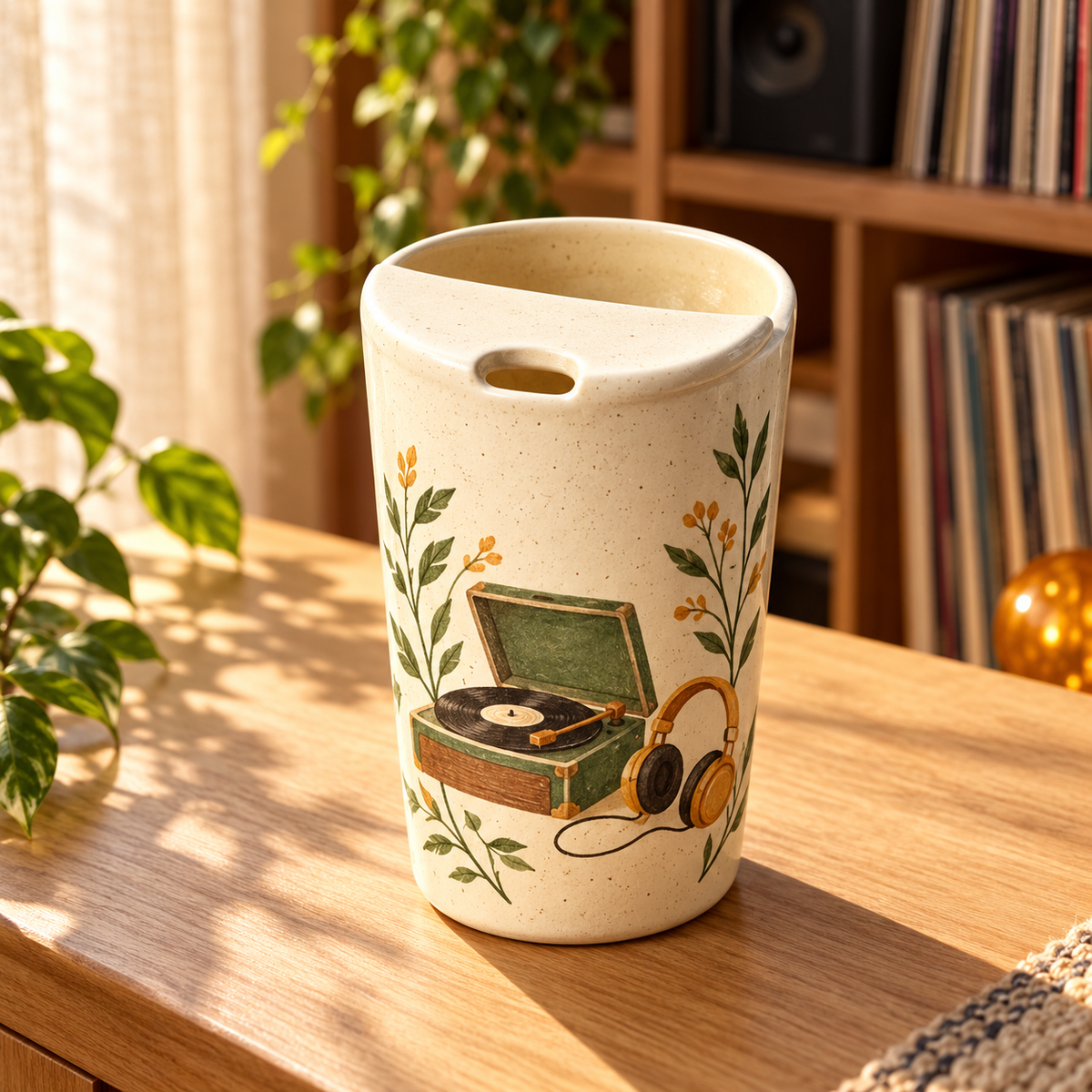 Digital concept of a speckled ceramic travel mug with a forest-green turntable and ochre headphones on a wooden table.