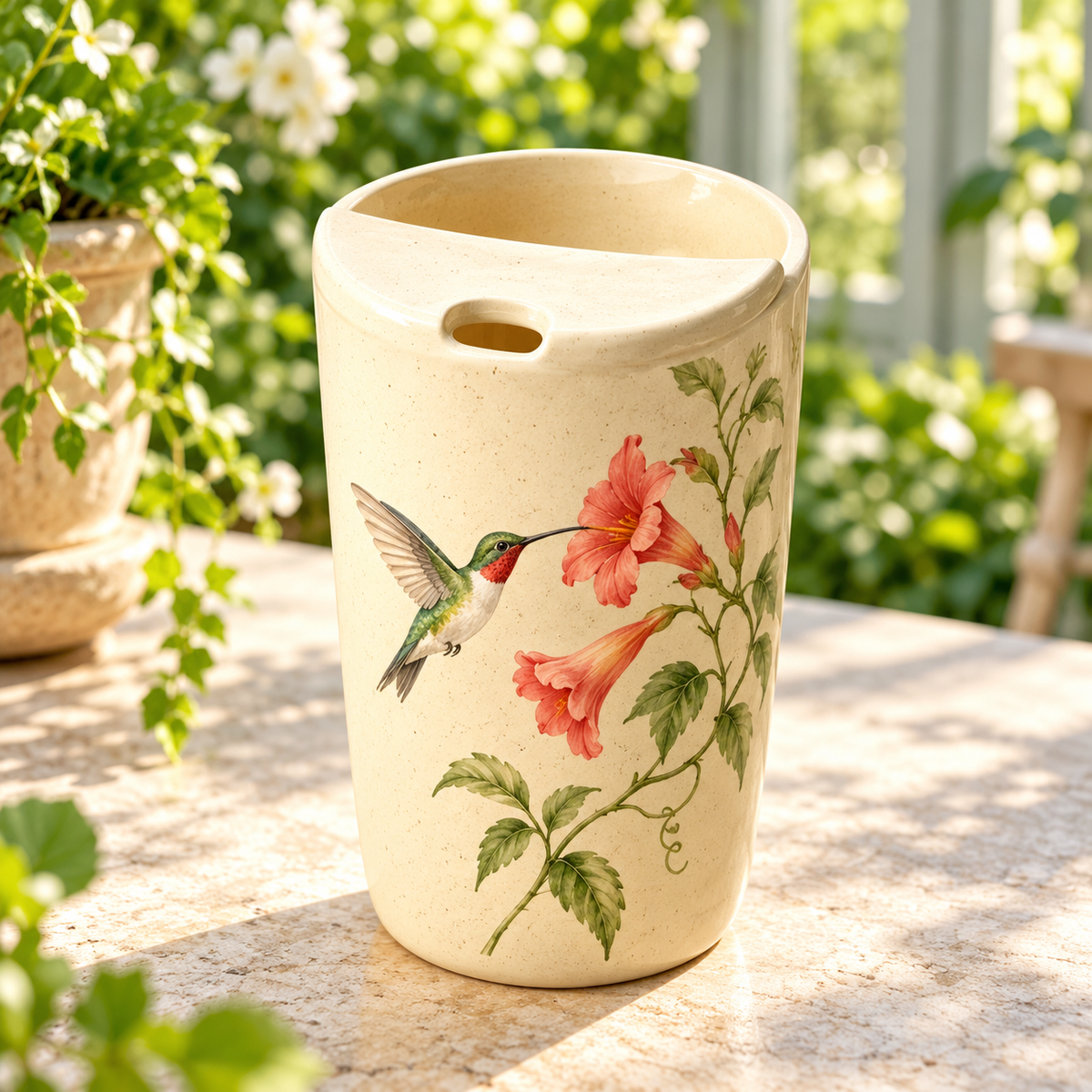 Digital concept of a speckled ceramic travel mug with a hummingbird beside coral trumpet flowers in a garden setting.