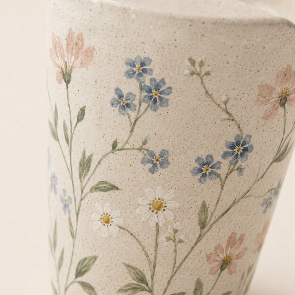 Hand-Painted Wildflower Ceramic Travel Mug, Handmade Pottery Tumbler with Sip Lid, Floral Coffee Cup, Gift for Her
