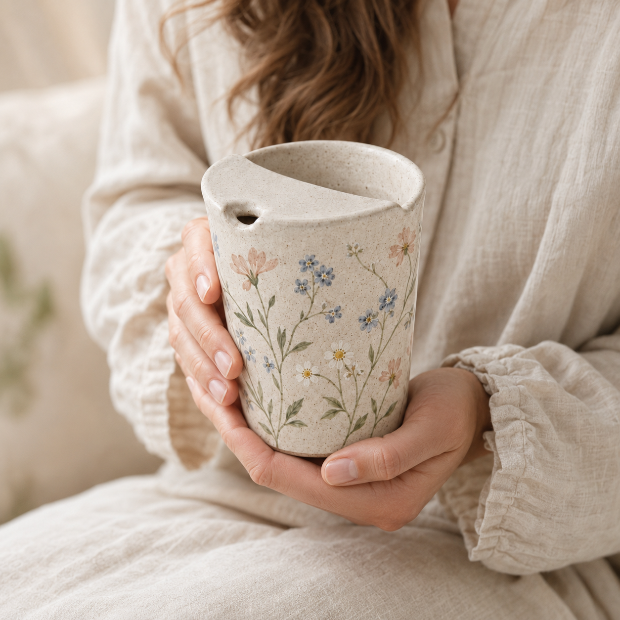 Hand-Painted Wildflower Ceramic Travel Mug, Handmade Pottery Tumbler with Sip Lid, Floral Coffee Cup, Gift for Her