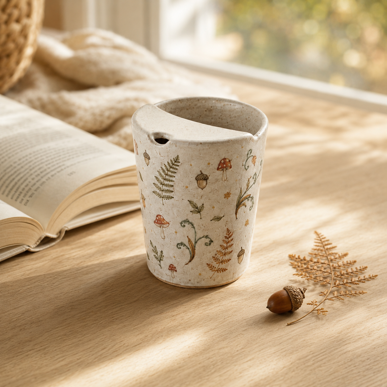 Hand-Painted Mushroom Ceramic Travel Mug, Handmade Woodland Pottery Tumbler with Sip Lid, Cottagecore Coffee Cup