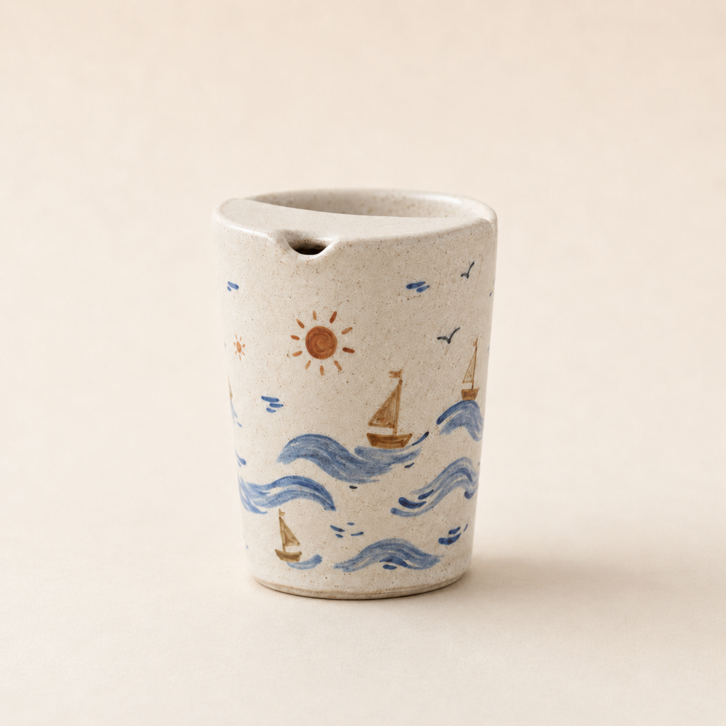 Hand-Painted Coastal Ceramic Travel Mug, Handmade Sailboat Pottery Tumbler with Sip Lid, Ocean Wave Coffee Cup