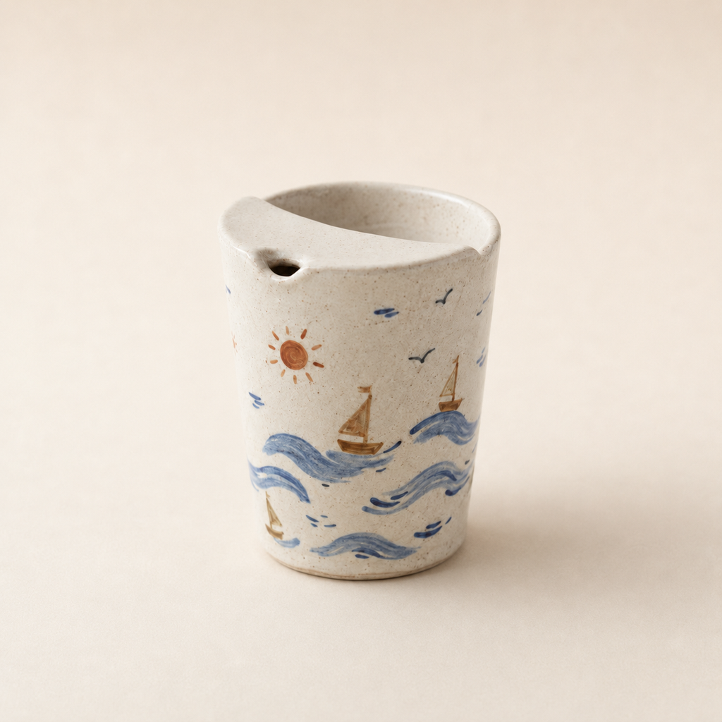 Hand-Painted Coastal Ceramic Travel Mug, Handmade Sailboat Pottery Tumbler with Sip Lid, Ocean Wave Coffee Cup