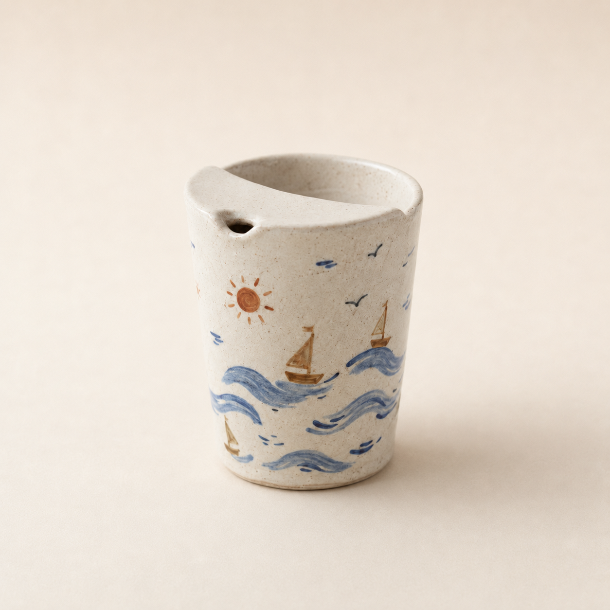 Hand-Painted Coastal Ceramic Travel Mug, Handmade Sailboat Pottery Tumbler with Sip Lid, Ocean Wave Coffee Cup