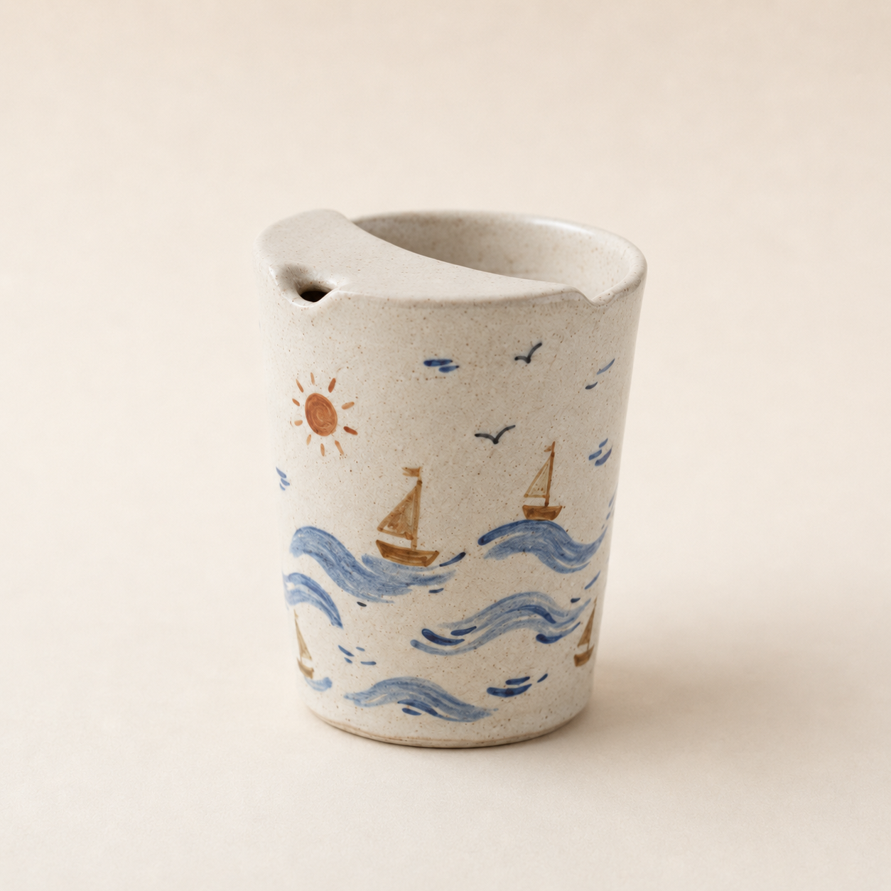 Hand-Painted Coastal Ceramic Travel Mug, Handmade Sailboat Pottery Tumbler with Sip Lid, Ocean Wave Coffee Cup