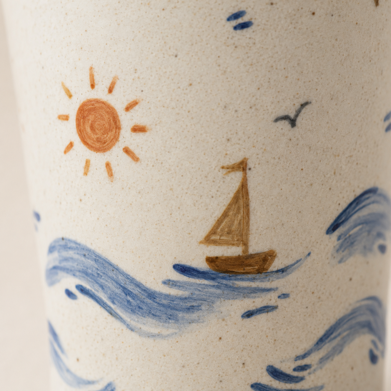 Hand-Painted Coastal Ceramic Travel Mug, Handmade Sailboat Pottery Tumbler with Sip Lid, Ocean Wave Coffee Cup