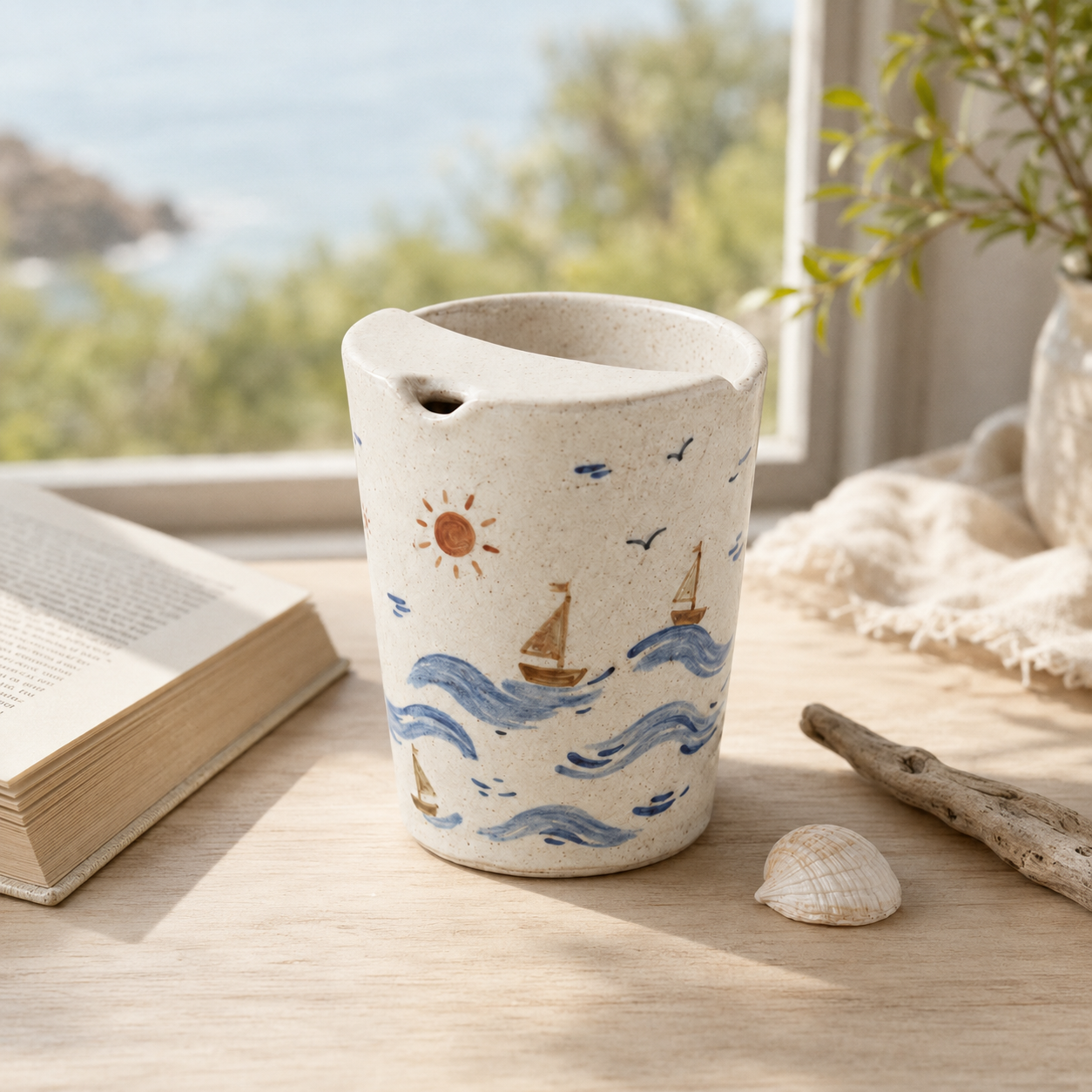 Hand-Painted Coastal Ceramic Travel Mug, Handmade Sailboat Pottery Tumbler with Sip Lid, Ocean Wave Coffee Cup