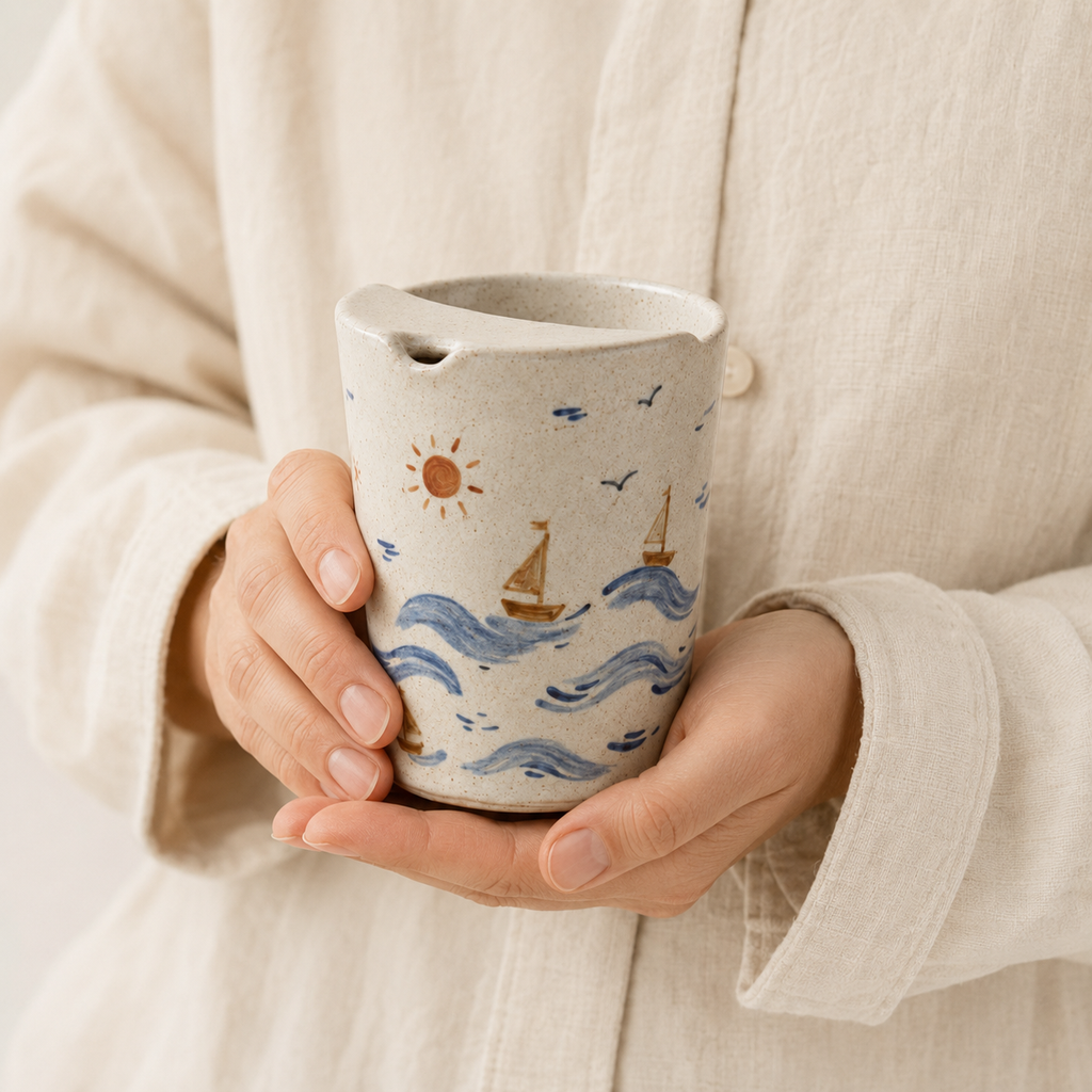 Hand-Painted Coastal Ceramic Travel Mug, Handmade Sailboat Pottery Tumbler with Sip Lid, Ocean Wave Coffee Cup