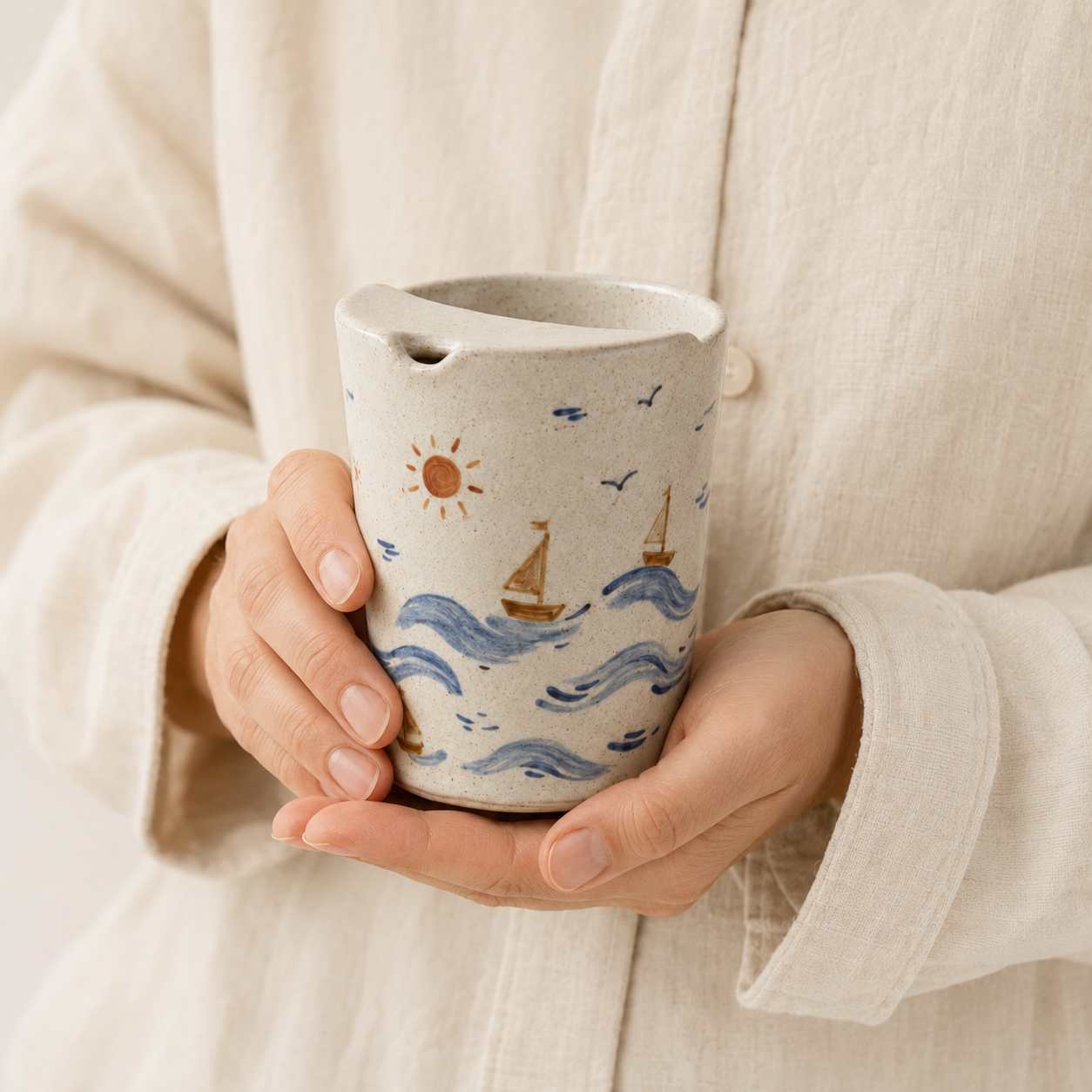Hand-Painted Coastal Ceramic Travel Mug, Handmade Sailboat Pottery Tumbler with Sip Lid, Ocean Wave Coffee Cup