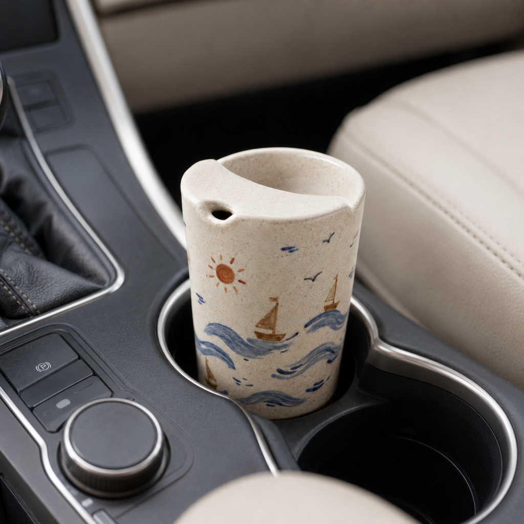 Hand-Painted Coastal Ceramic Travel Mug, Handmade Sailboat Pottery Tumbler with Sip Lid, Ocean Wave Coffee Cup