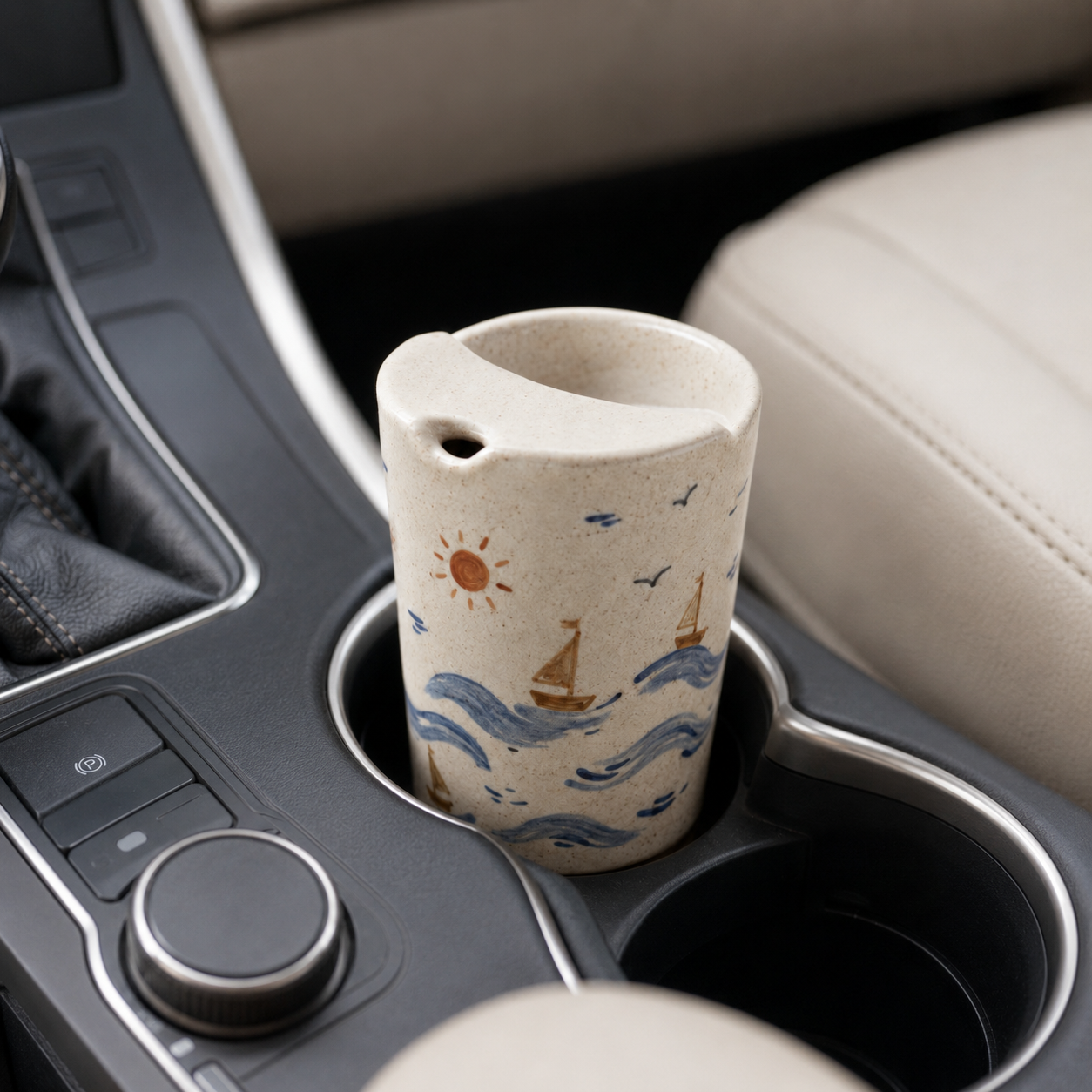 Hand-Painted Coastal Ceramic Travel Mug, Handmade Sailboat Pottery Tumbler with Sip Lid, Ocean Wave Coffee Cup