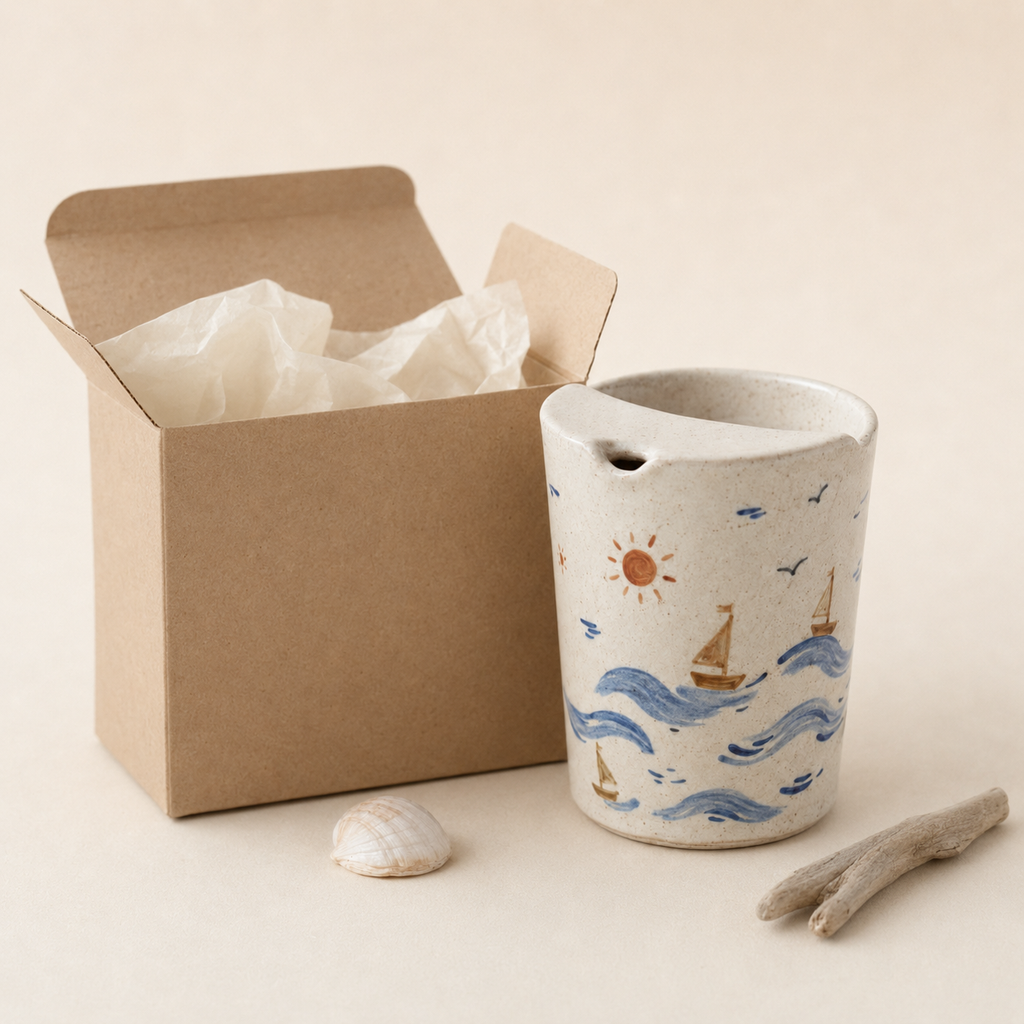 Hand-Painted Coastal Ceramic Travel Mug, Handmade Sailboat Pottery Tumbler with Sip Lid, Ocean Wave Coffee Cup