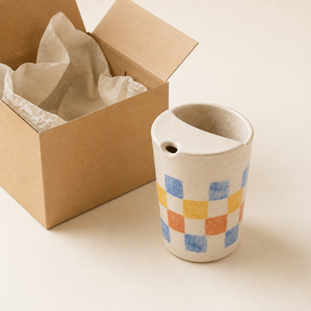 Hand-Painted Checker Ceramic Travel Mug, Colorful Pottery Tumbler with Sip Lid, Retro Checkered Coffee Cup