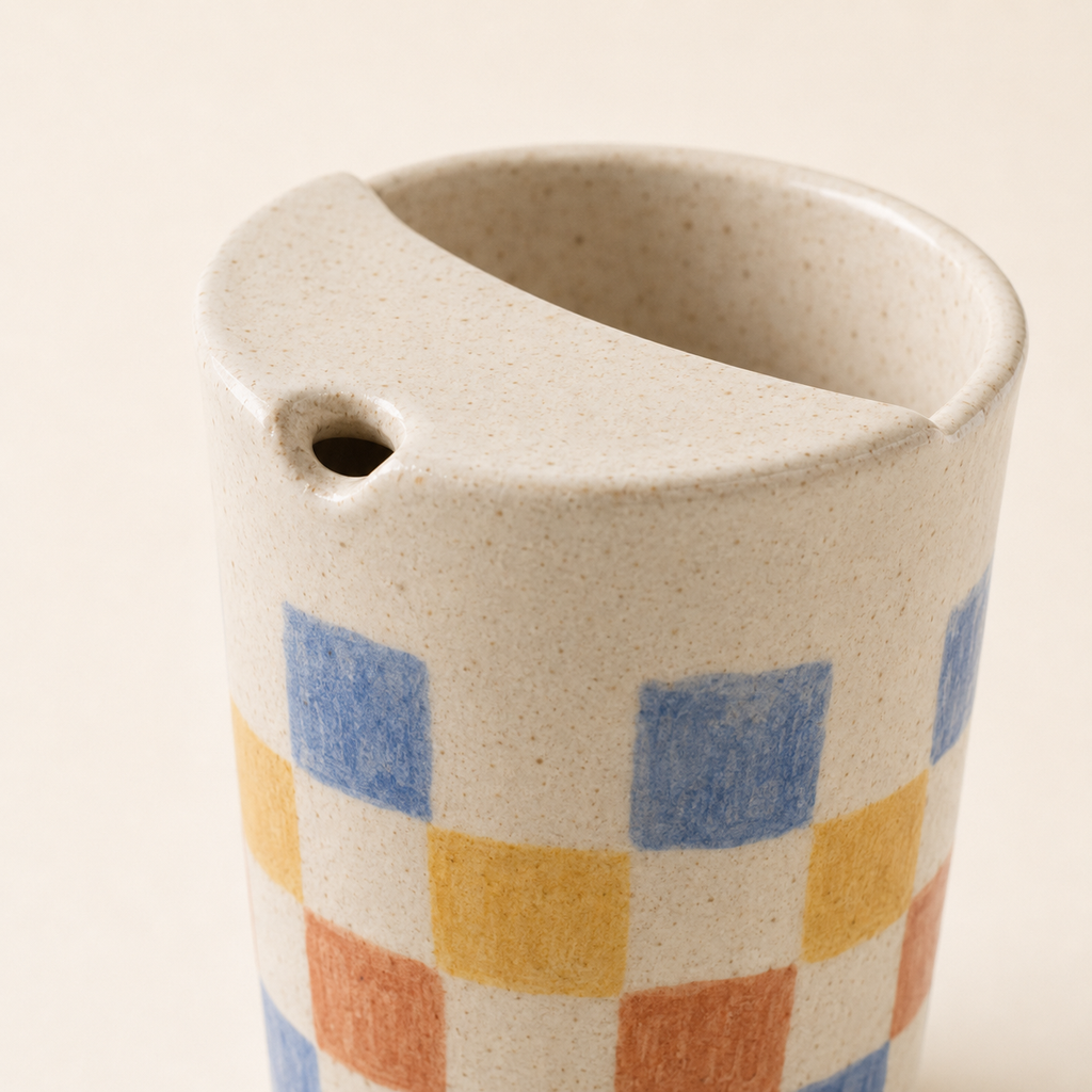 Hand-Painted Checker Ceramic Travel Mug, Colorful Pottery Tumbler with Sip Lid, Retro Checkered Coffee Cup