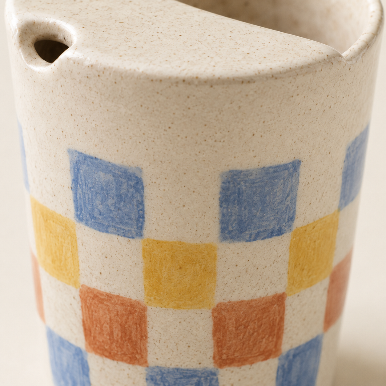 Hand-Painted Checker Ceramic Travel Mug, Colorful Pottery Tumbler with Sip Lid, Retro Checkered Coffee Cup