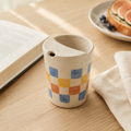 Hand-Painted Checker Ceramic Travel Mug, Colorful Pottery Tumbler with Sip Lid, Retro Checkered Coffee Cup