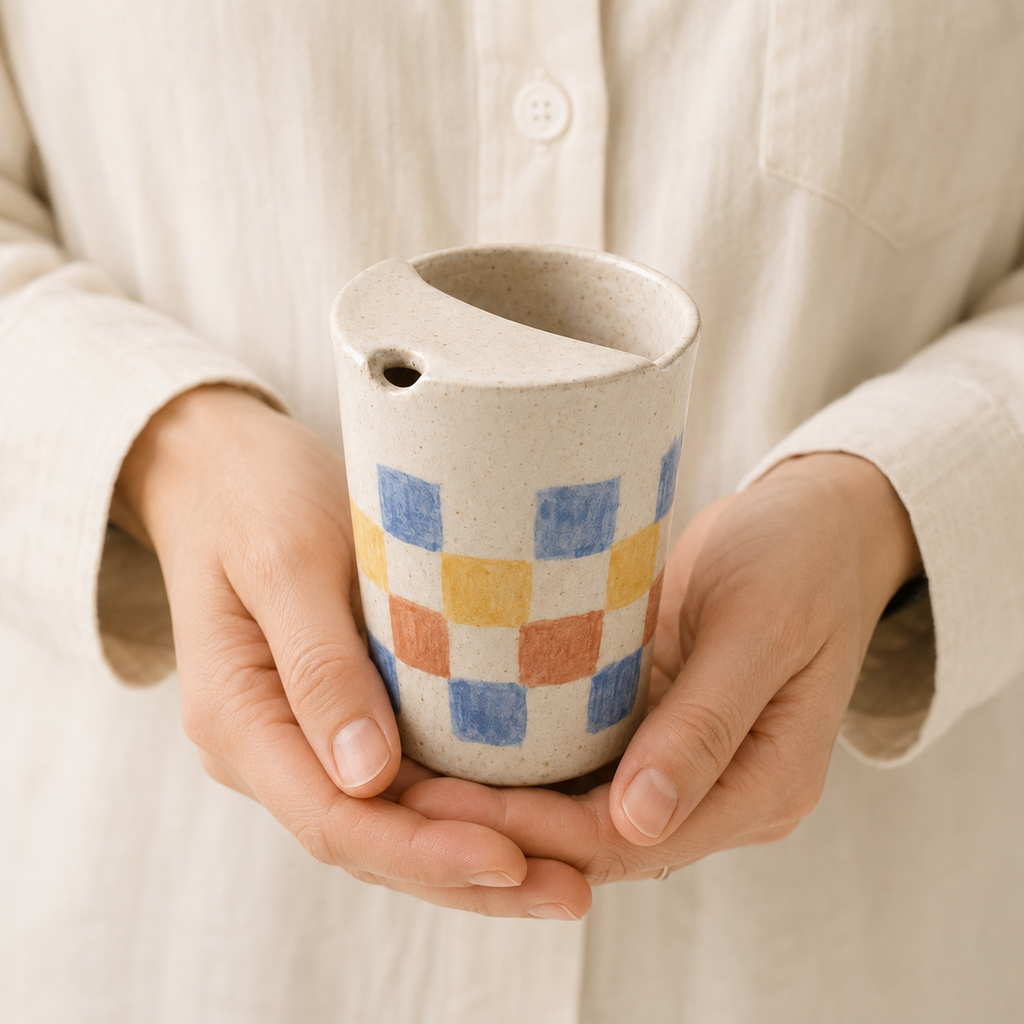 Hand-Painted Checker Ceramic Travel Mug, Colorful Pottery Tumbler with Sip Lid, Retro Checkered Coffee Cup