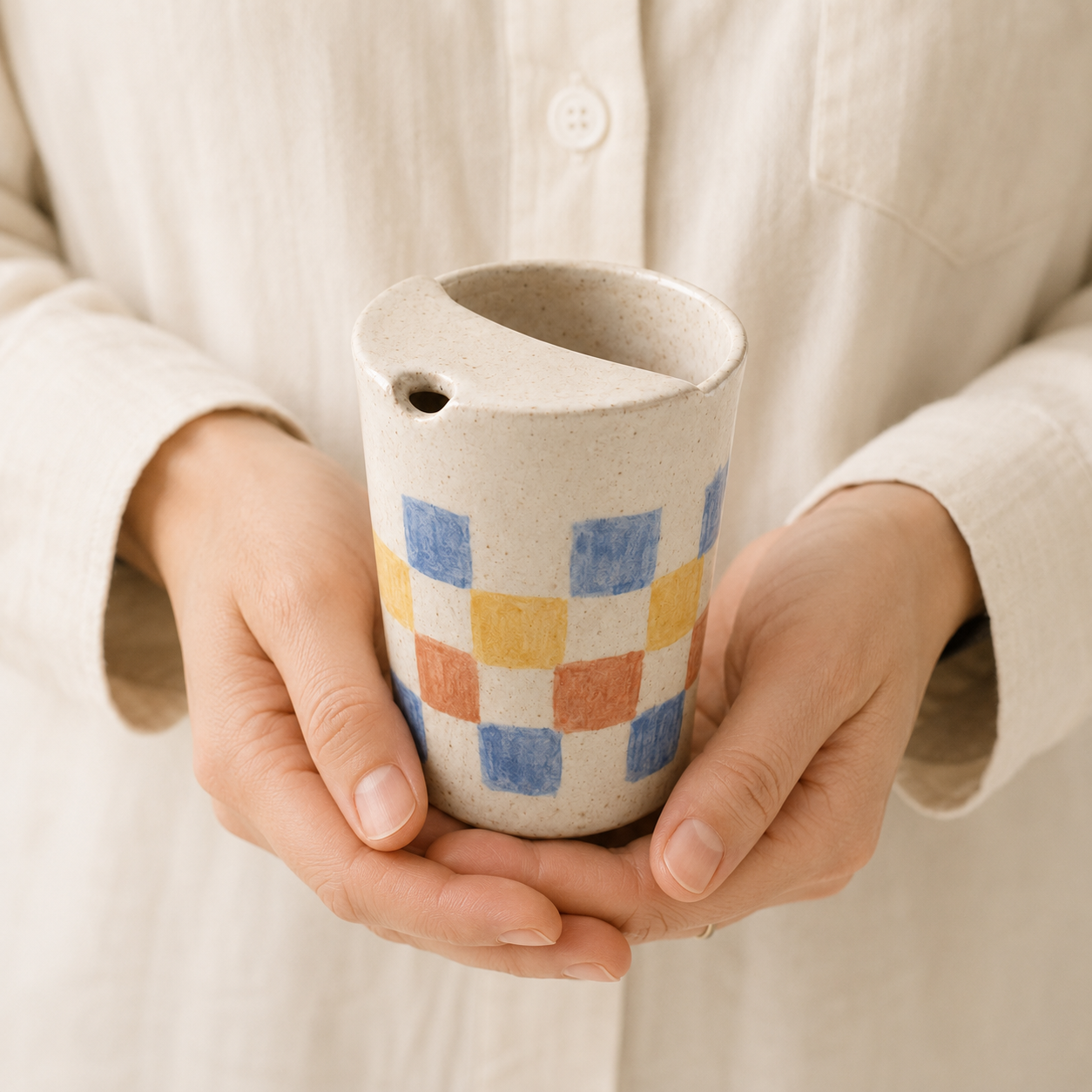 Hand-Painted Checker Ceramic Travel Mug, Colorful Pottery Tumbler with Sip Lid, Retro Checkered Coffee Cup