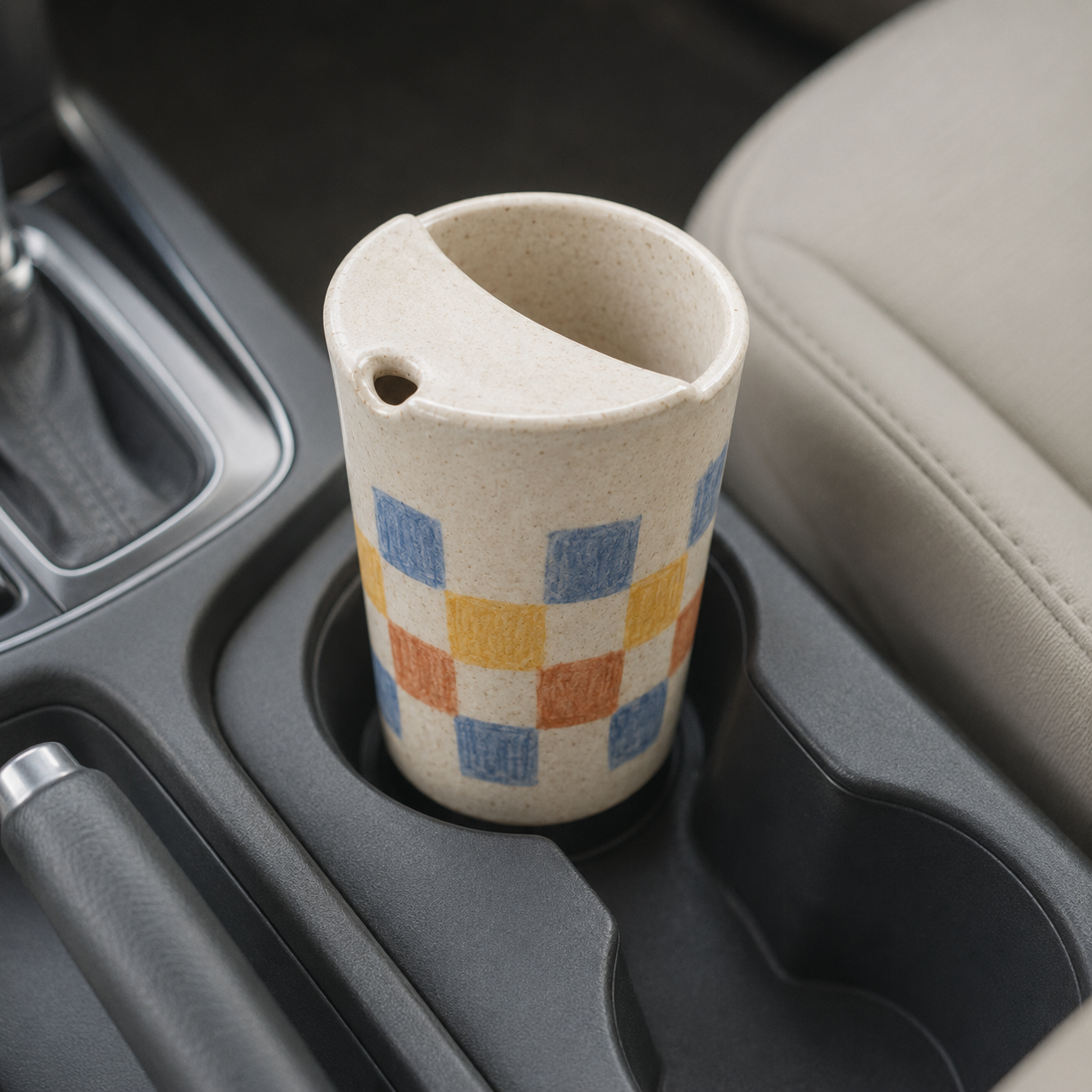 Hand-Painted Checker Ceramic Travel Mug, Colorful Pottery Tumbler with Sip Lid, Retro Checkered Coffee Cup