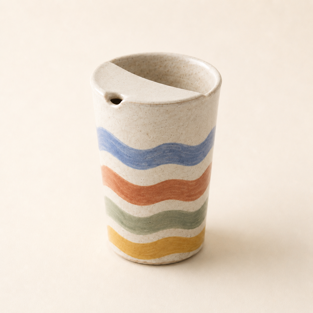 Hand-Painted Wavy Stripe Ceramic Travel Mug, Colorful Pottery Tumbler with Sip Lid, Retro Coffee Cup