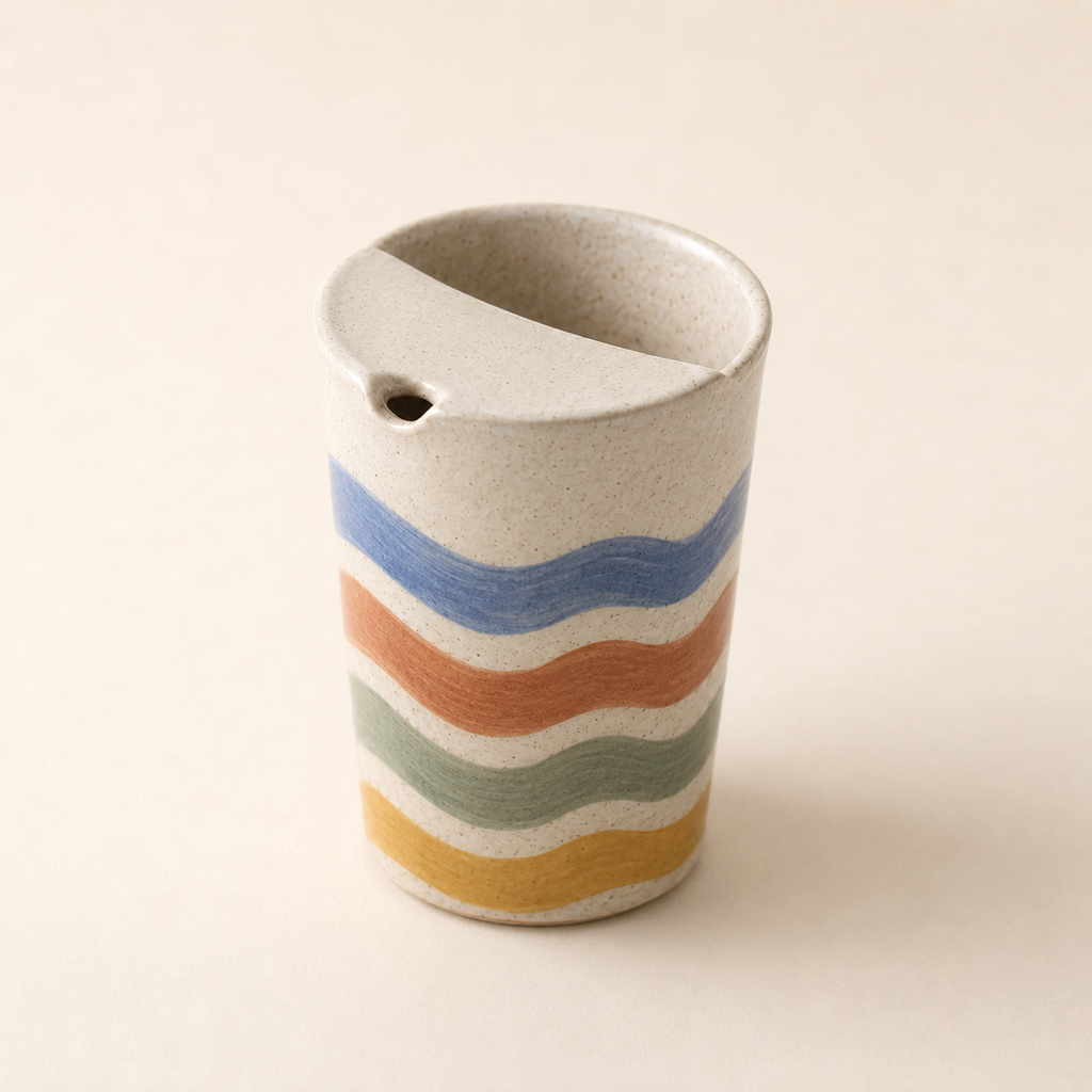 Hand-Painted Wavy Stripe Ceramic Travel Mug, Colorful Pottery Tumbler with Sip Lid, Retro Coffee Cup