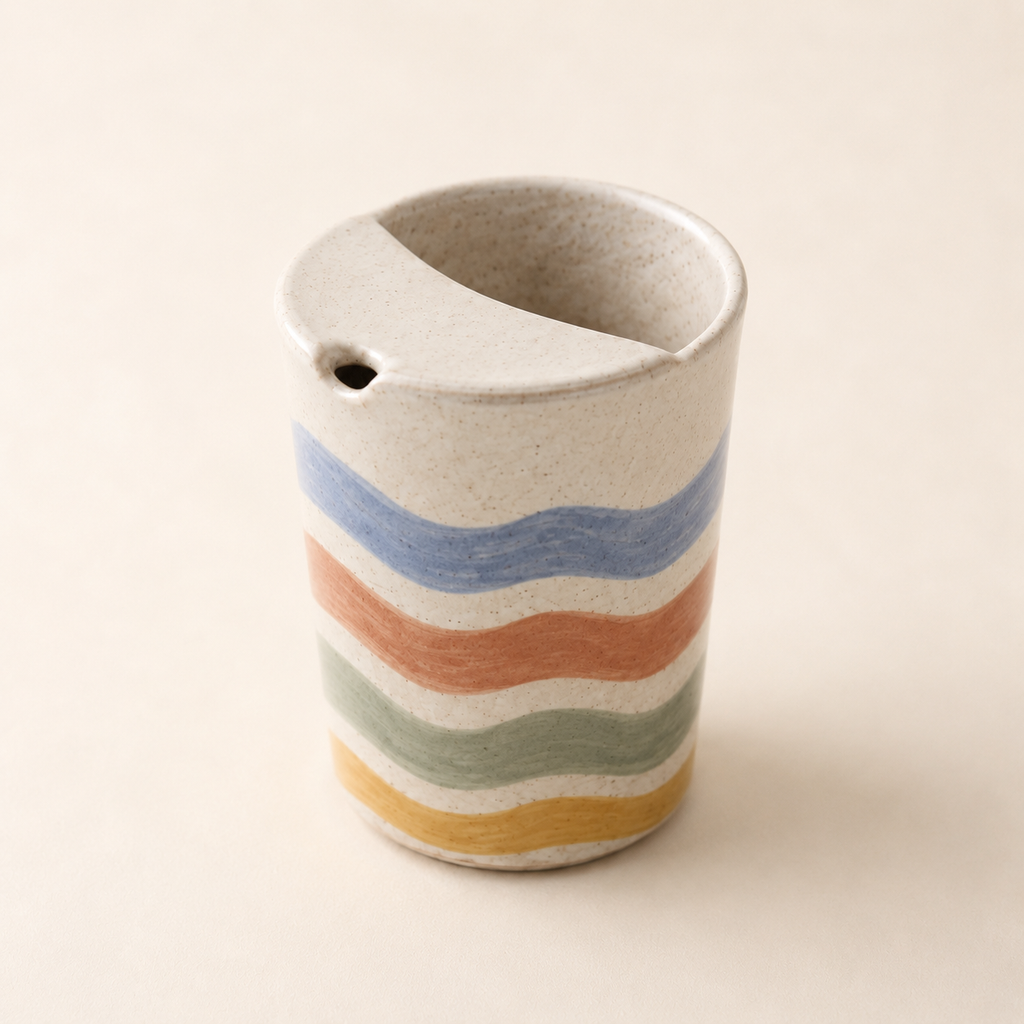 Hand-Painted Wavy Stripe Ceramic Travel Mug, Colorful Pottery Tumbler with Sip Lid, Retro Coffee Cup