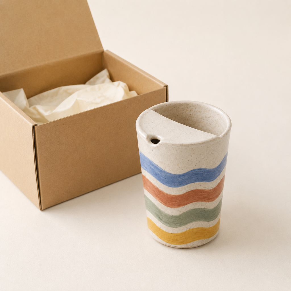 Hand-Painted Wavy Stripe Ceramic Travel Mug, Colorful Pottery Tumbler with Sip Lid, Retro Coffee Cup