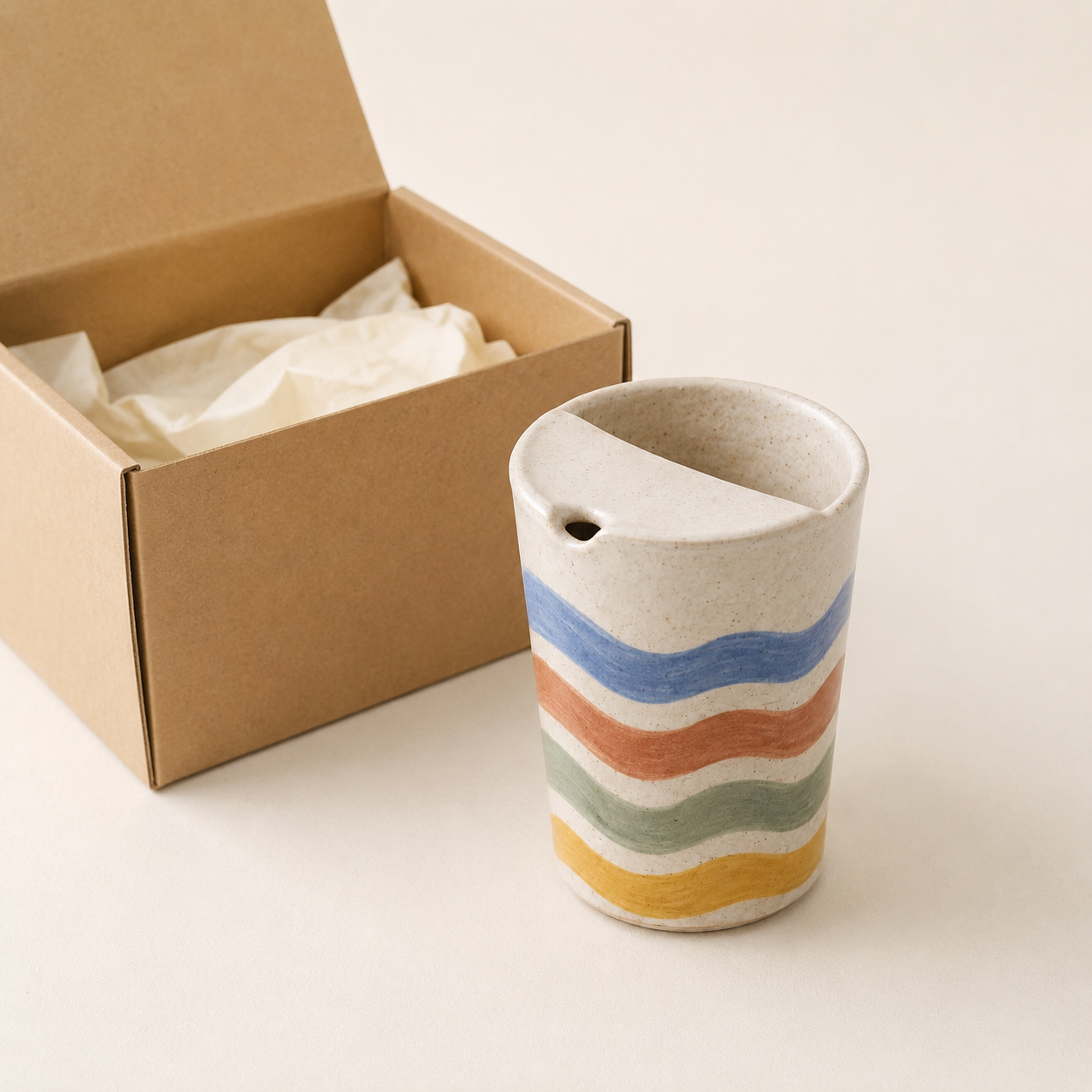 Hand-Painted Wavy Stripe Ceramic Travel Mug, Colorful Pottery Tumbler with Sip Lid, Retro Coffee Cup