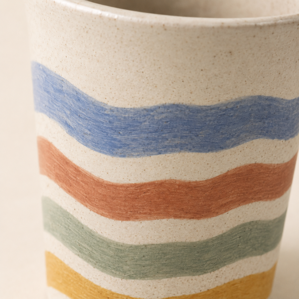 Hand-Painted Wavy Stripe Ceramic Travel Mug, Colorful Pottery Tumbler with Sip Lid, Retro Coffee Cup
