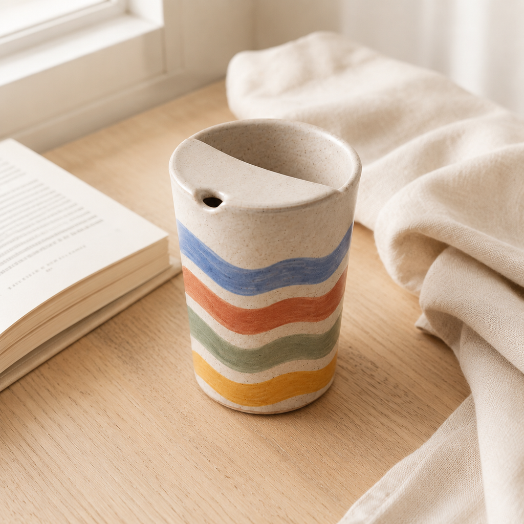 Hand-Painted Wavy Stripe Ceramic Travel Mug, Colorful Pottery Tumbler with Sip Lid, Retro Coffee Cup