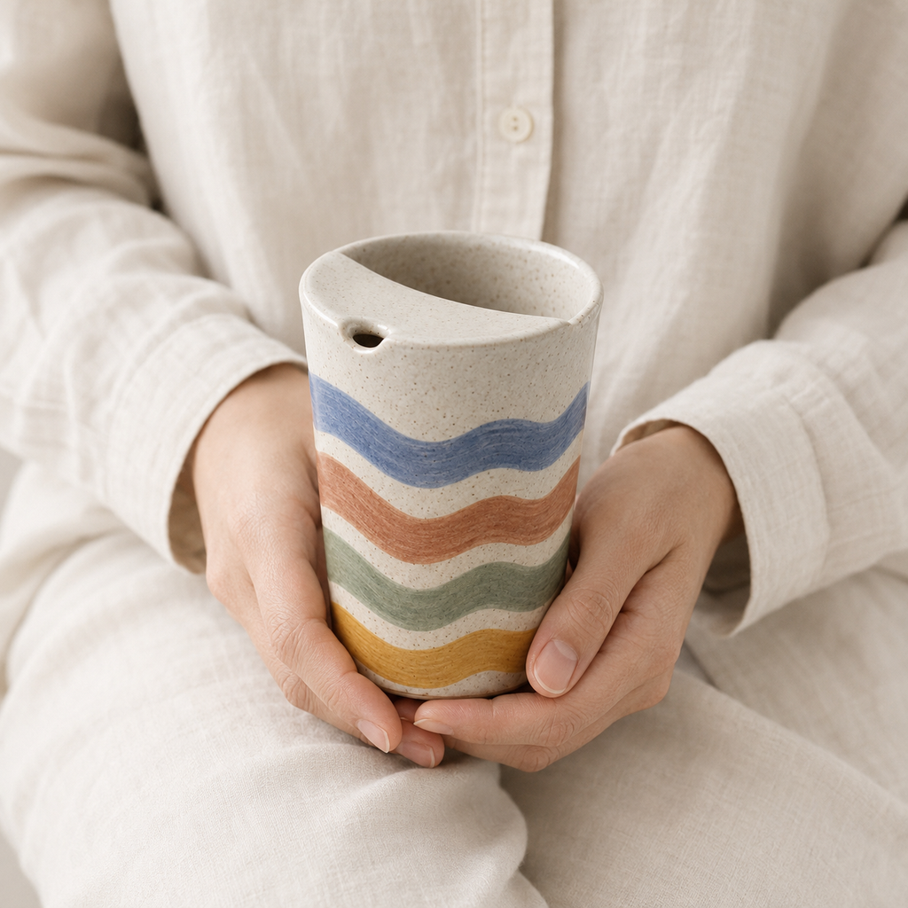 Hand-Painted Wavy Stripe Ceramic Travel Mug, Colorful Pottery Tumbler with Sip Lid, Retro Coffee Cup