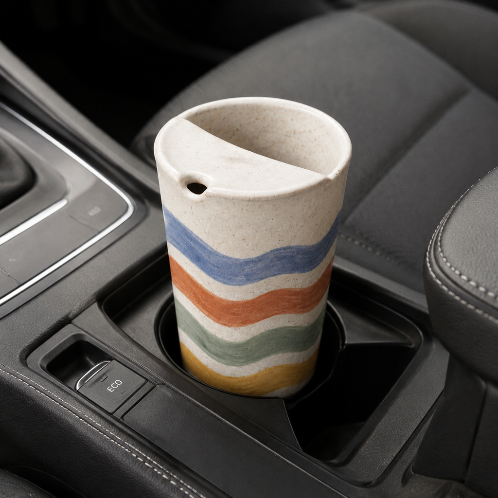 Hand-Painted Wavy Stripe Ceramic Travel Mug, Colorful Pottery Tumbler with Sip Lid, Retro Coffee Cup