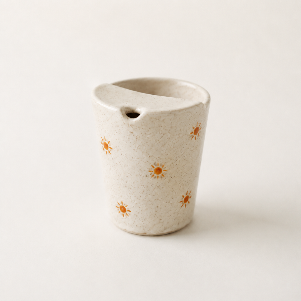 Hand Painted Sun Ceramic Travel Mug, Speckled Pottery Tumbler with Sip Opening, Minimal Sunshine Coffee Cup