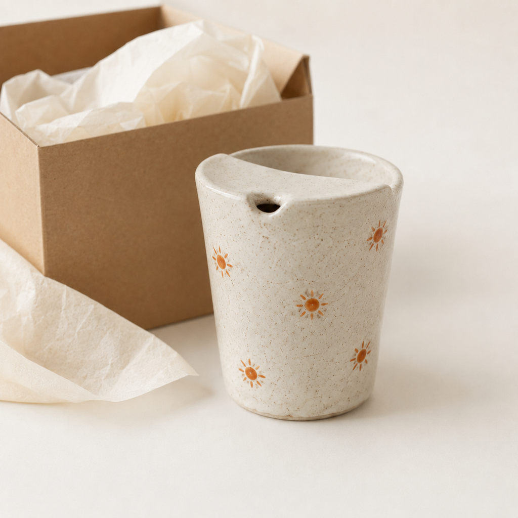 Hand Painted Sun Ceramic Travel Mug, Speckled Pottery Tumbler with Sip Opening, Minimal Sunshine Coffee Cup