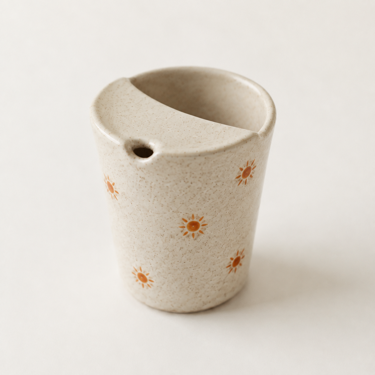 Hand Painted Sun Ceramic Travel Mug, Speckled Pottery Tumbler with Sip Opening, Minimal Sunshine Coffee Cup