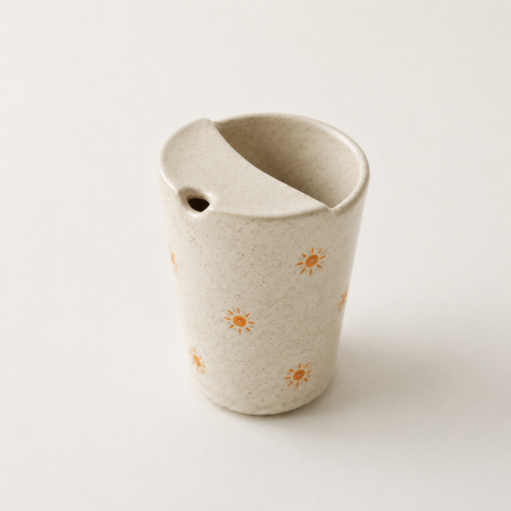 Hand Painted Sun Ceramic Travel Mug, Speckled Pottery Tumbler with Sip Opening, Minimal Sunshine Coffee Cup