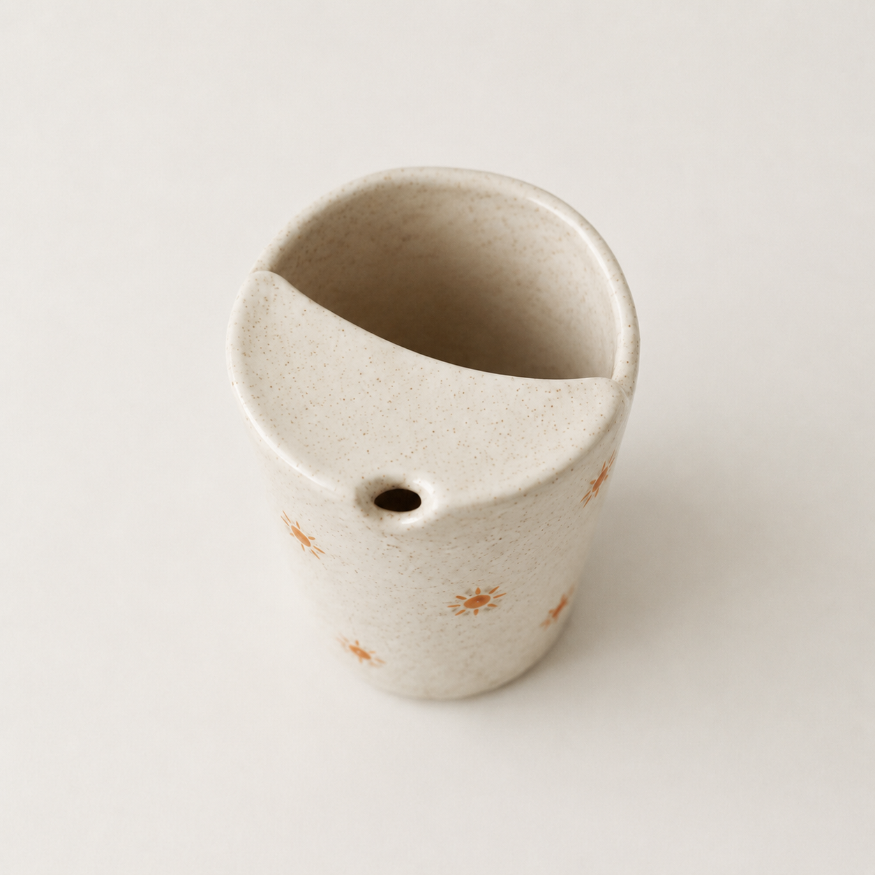 Hand Painted Sun Ceramic Travel Mug, Speckled Pottery Tumbler with Sip Opening, Minimal Sunshine Coffee Cup