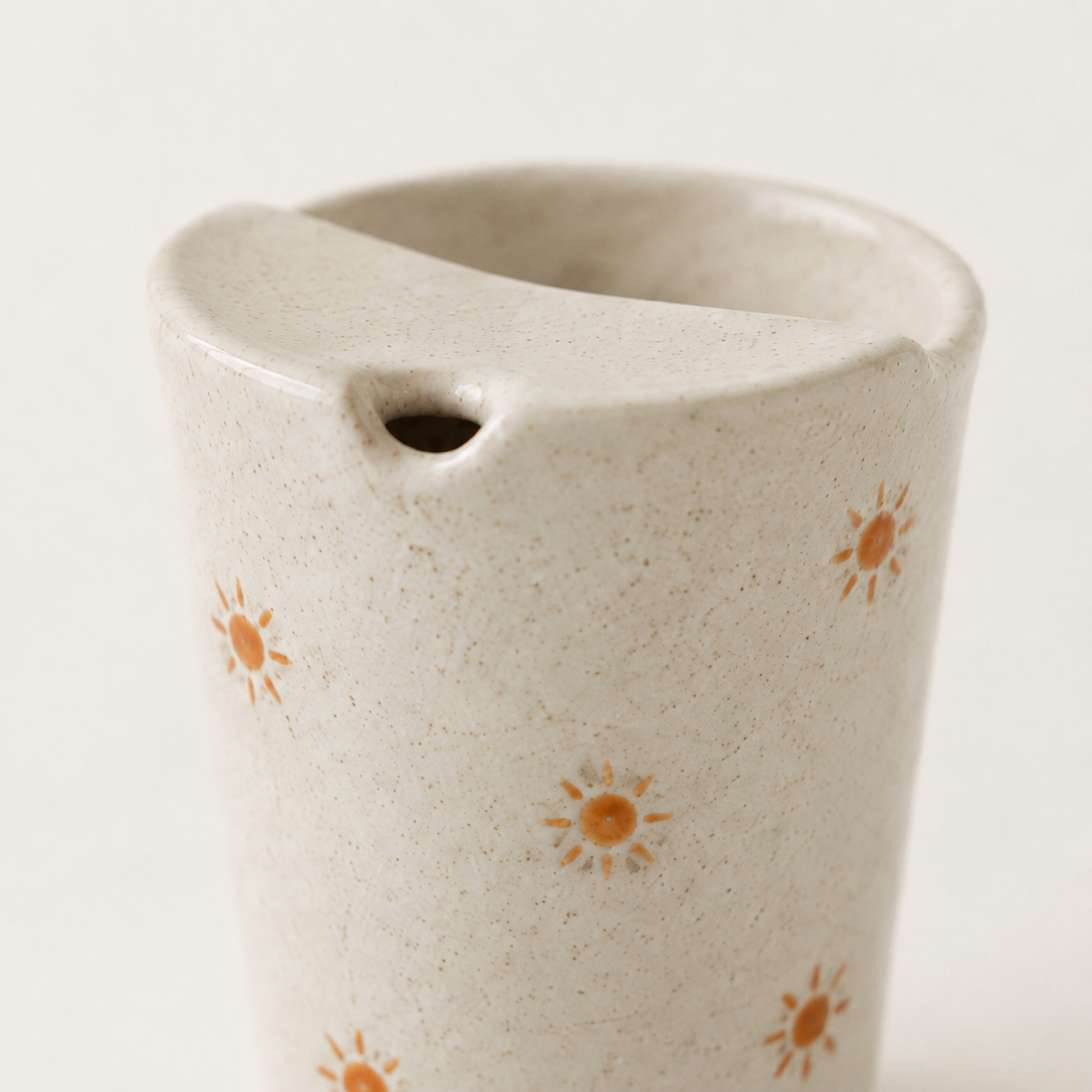 Hand Painted Sun Ceramic Travel Mug, Speckled Pottery Tumbler with Sip Opening, Minimal Sunshine Coffee Cup