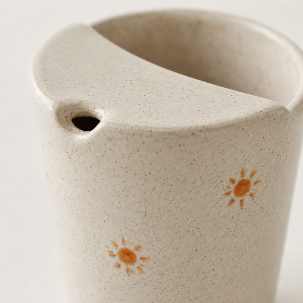 Hand Painted Sun Ceramic Travel Mug, Speckled Pottery Tumbler with Sip Opening, Minimal Sunshine Coffee Cup
