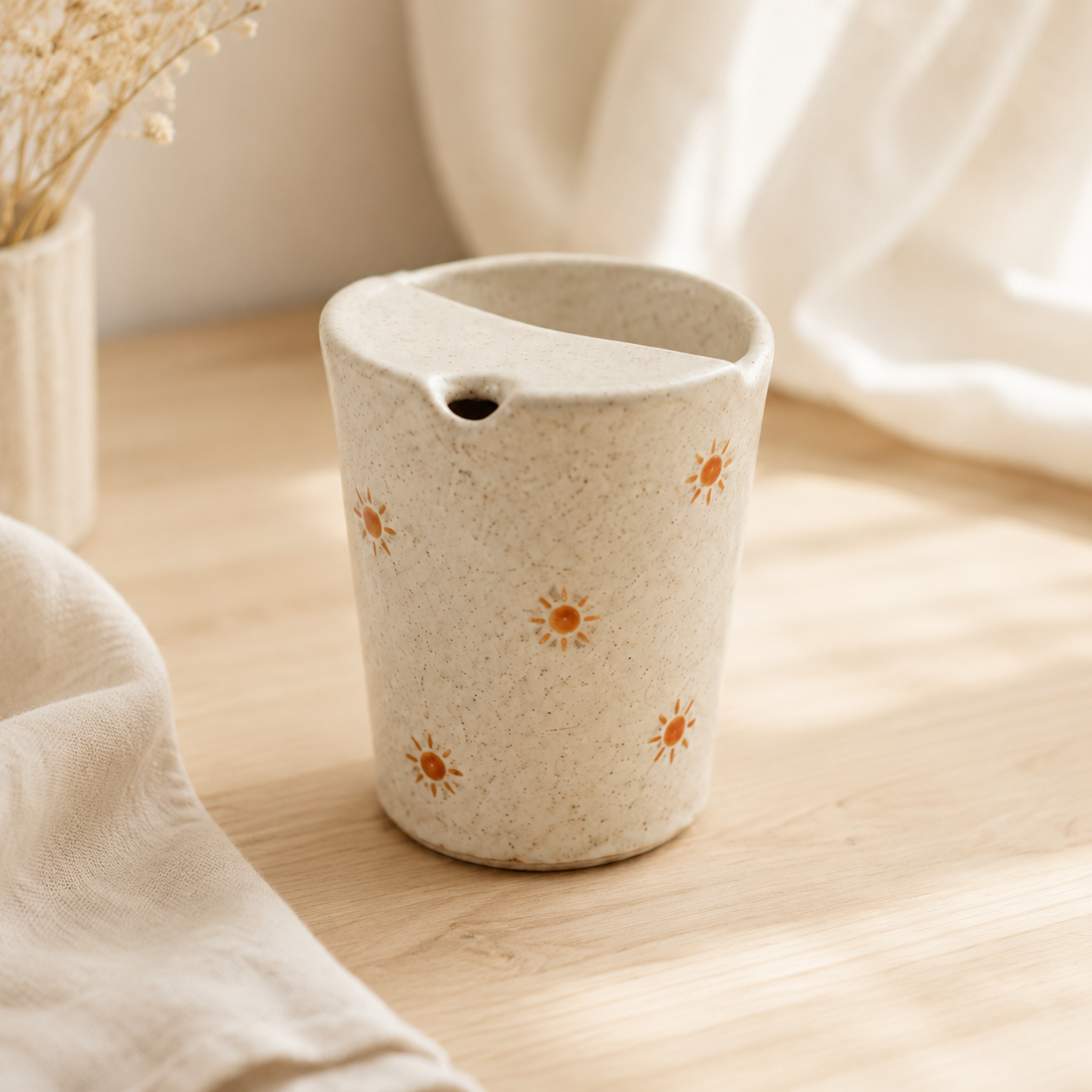 Hand Painted Sun Ceramic Travel Mug, Speckled Pottery Tumbler with Sip Opening, Minimal Sunshine Coffee Cup