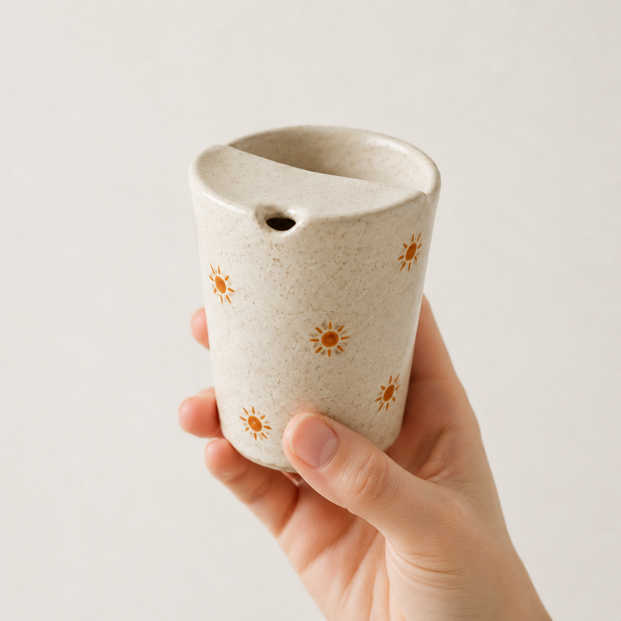 Hand Painted Sun Ceramic Travel Mug, Speckled Pottery Tumbler with Sip Opening, Minimal Sunshine Coffee Cup
