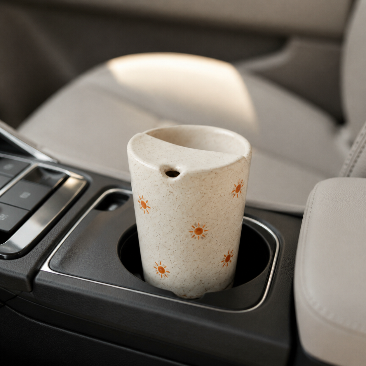 Hand Painted Sun Ceramic Travel Mug, Speckled Pottery Tumbler with Sip Opening, Minimal Sunshine Coffee Cup