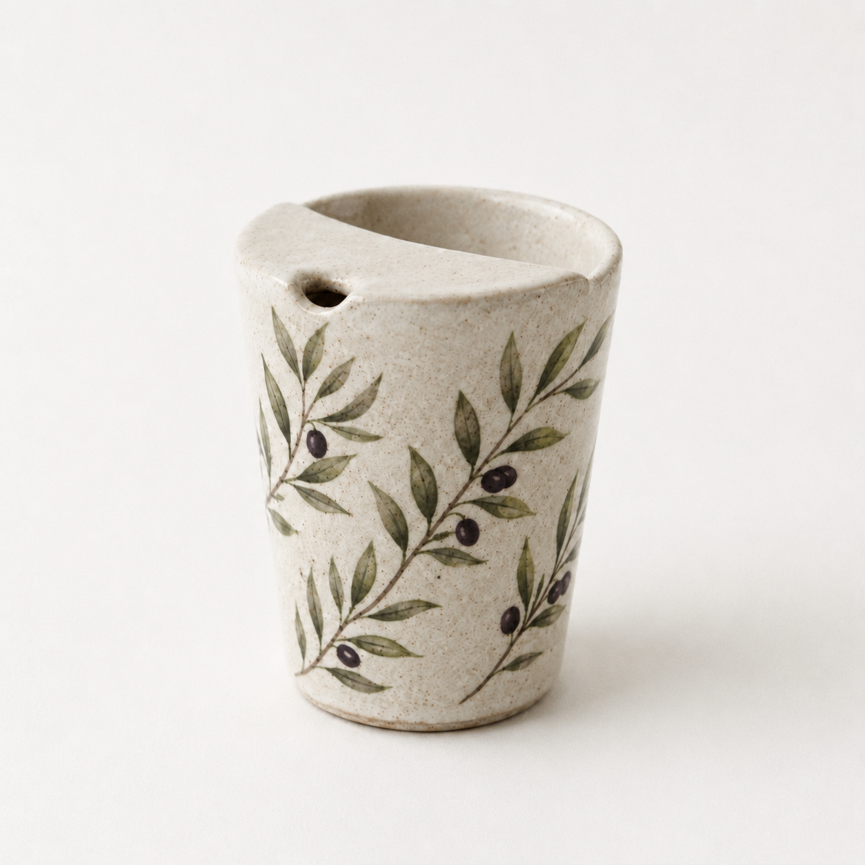 Hand Painted Olive Branch Ceramic Travel Mug, Botanical Pottery Tumbler with Sip Opening, Mediterranean Coffee Cup