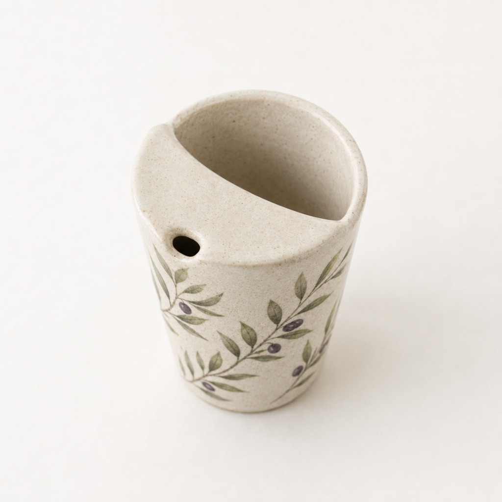 Hand Painted Olive Branch Ceramic Travel Mug, Botanical Pottery Tumbler with Sip Opening, Mediterranean Coffee Cup