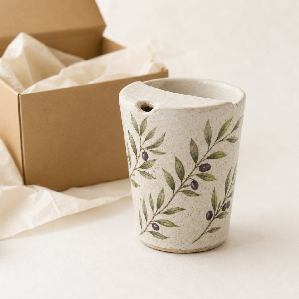 Hand Painted Olive Branch Ceramic Travel Mug, Botanical Pottery Tumbler with Sip Opening, Mediterranean Coffee Cup