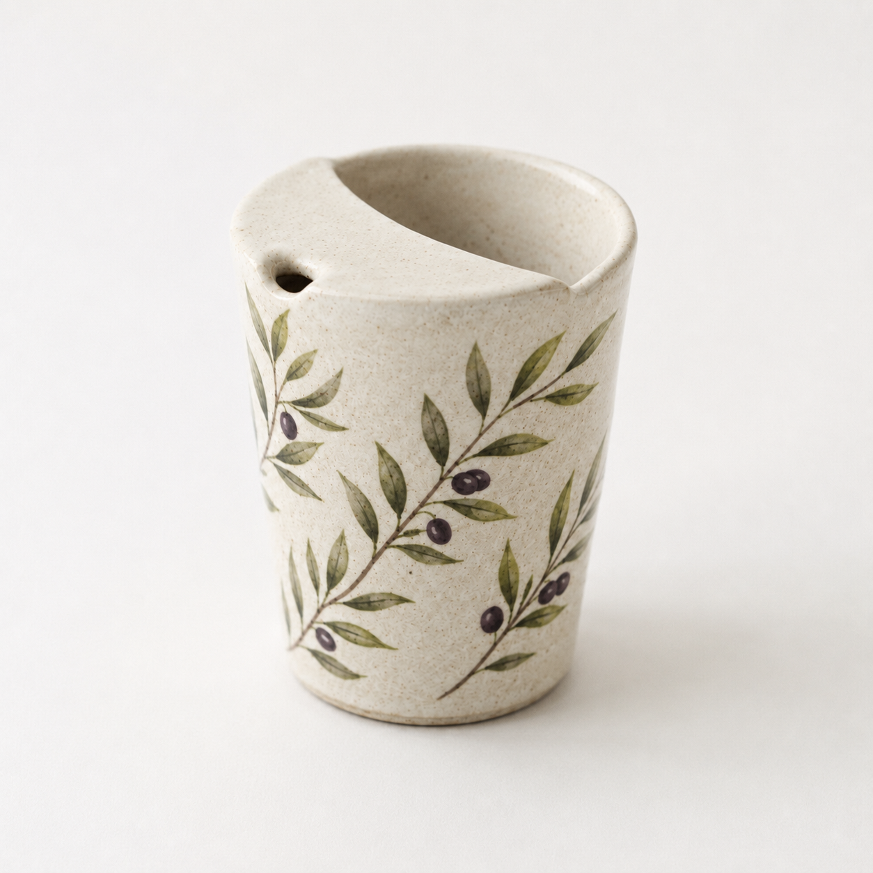 Hand Painted Olive Branch Ceramic Travel Mug, Botanical Pottery Tumbler with Sip Opening, Mediterranean Coffee Cup